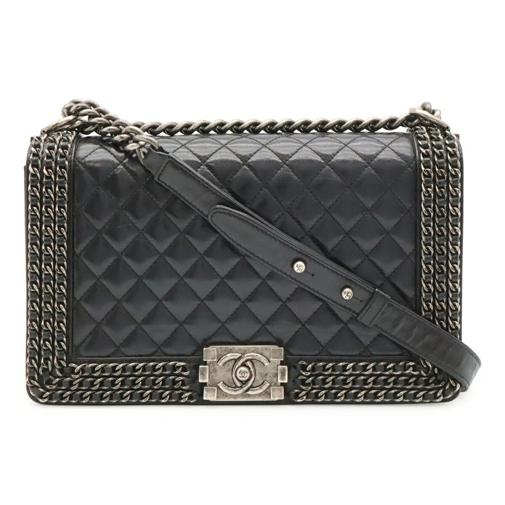 CHANEL Boy Chanel Matelassé Coco Mark Chain Shoulder Bag, Leather, Dark Navy